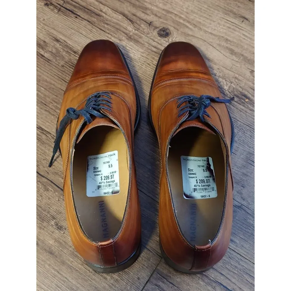 Magnanni Men’s Captoe 9.5M Brown Burnish Leather Oxford Dress Shoes